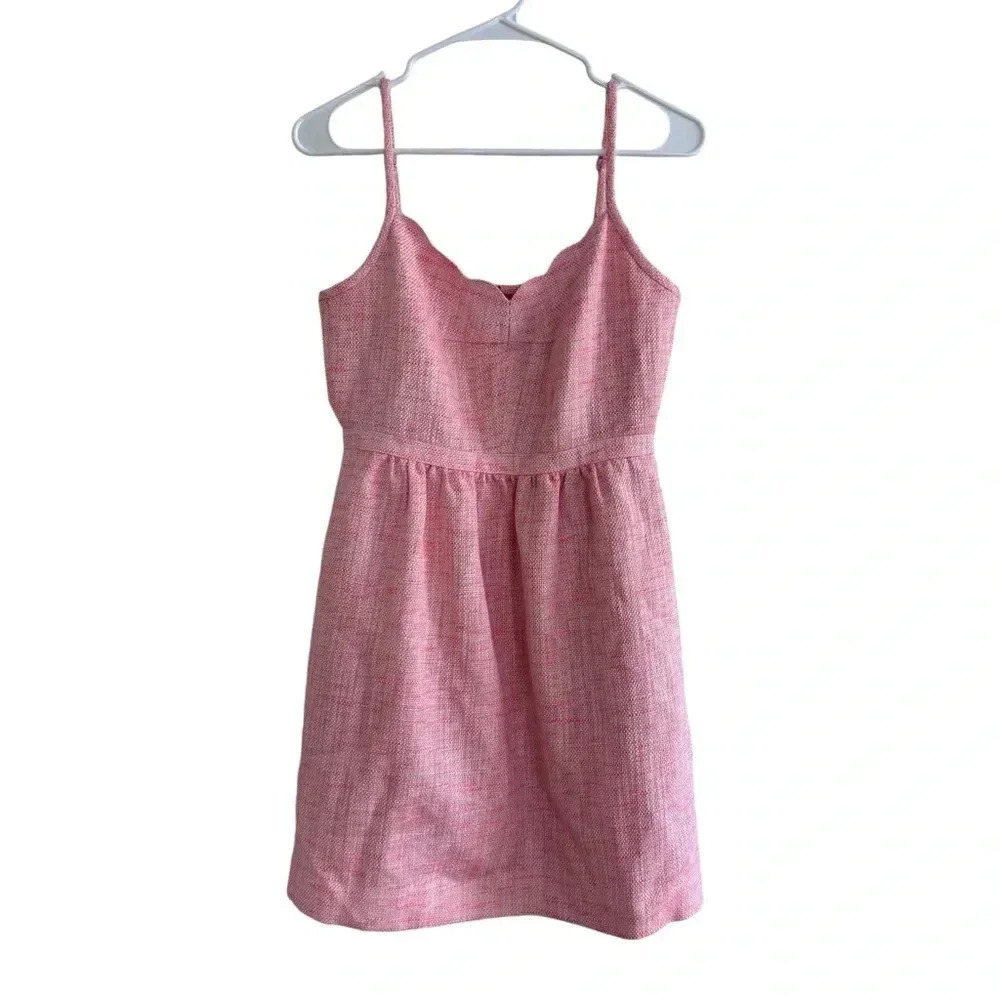 J Crew Tweed Coral Mini Dress Spaghetti Strap Scallops Neckline Sweetheart 2 - Picture 2 of 10